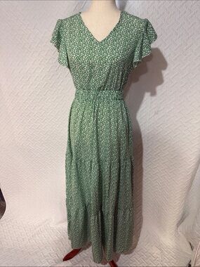Green Floral Maxi Dress with Smocked Waist and Flutter Sleeves